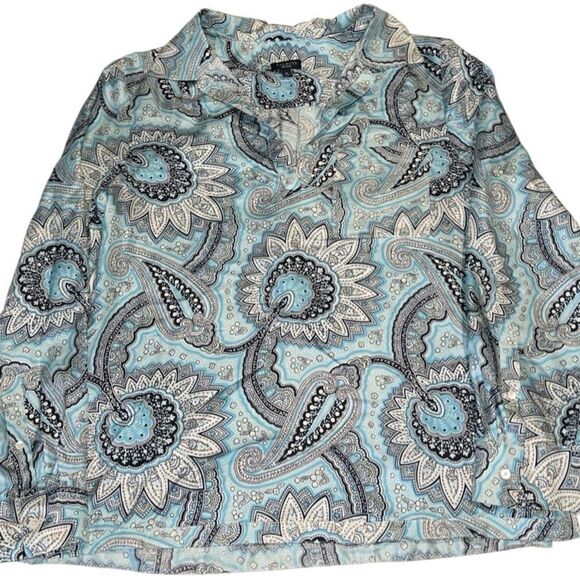 Talbots Light Blue and Black Paisley 100% Silk Pullover V Neck Blouse Size 10 - Picture 2 of 9